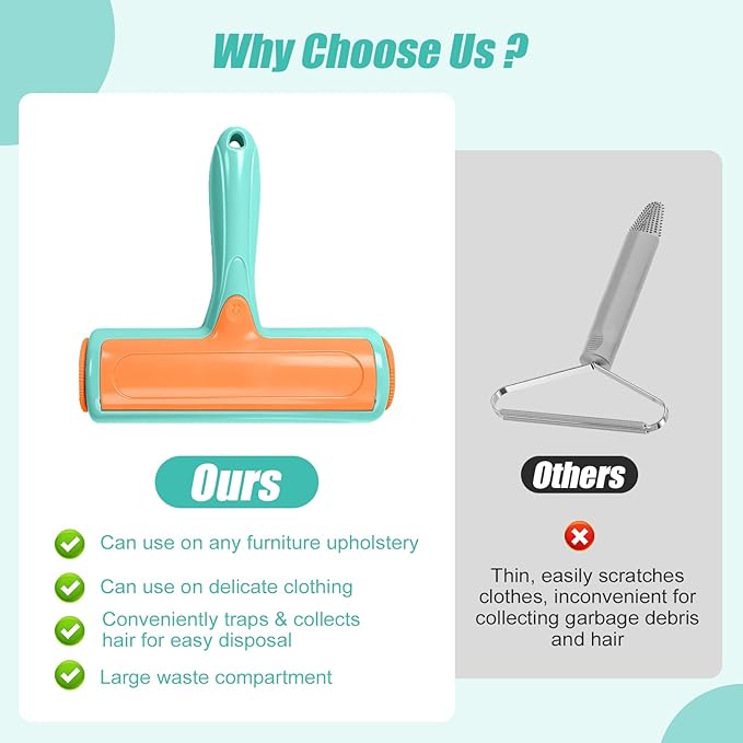 Pet Hair Removal Tool, Self Cleaning Pet Hair Remover, Reusable Lint Roller with Large Capacity Dust Bin, Ergonomic Grip for Furniture, Car Seats, Sofa, Carpet, Bed (Turquoise)