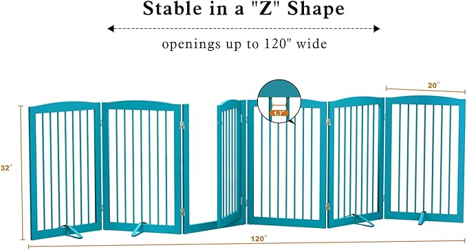 Freestanding Pet Gate with Door, Tall Dog Gate for House, Extra Wide, Pet Puppy Safety Fence, Support Feet Included, 120 Inch Wide, 6 Panels 32" Tall, Blue