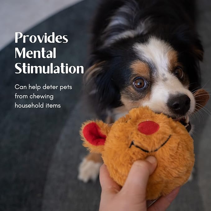 Flourish Pets 2 in 1 Christmas Multi-Layer Chew Toy for Active Dogs | Non-Toxic BPA Free Double Stitched Soft Fabric and Long-Lasting Dog Plush Toys (Reindeer 3.5")