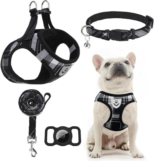 EXPAWLORER Classic Plaid Puppy Harness - Dog Collar and Leash - Soft Mesh Padded Adjustable Step in Small Dog Vest Harness No Pull, Reflective Escape Proof for Outdoor Walking, Black M