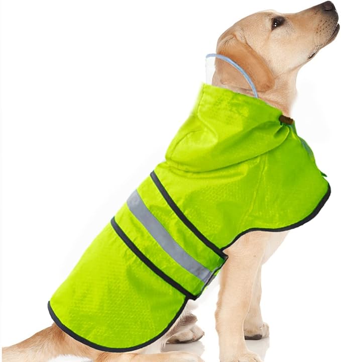 Dog Raincoat Waterproof Reflective Slicker - Lightweight Breathable Hooded Poncho Rain Coat Jacket with Adjustable Belly Strap and Leash Hole for Small Medium Large Dogs (Medium, Green)