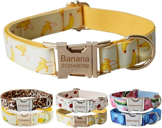 Custom Dog Collar with Metal Buckle - Pet Collars Personalized with Name and Phone Number (Fruit)