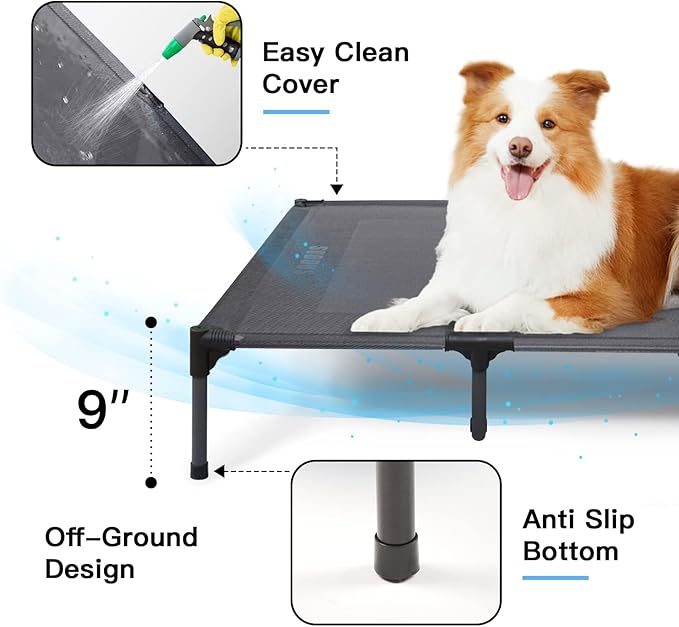 Suddus Elevated Dog Bed for Large Dogs 140lb, Breathable Cooling Raised Dog Cot with Dual Support Bars & Metal Frame, No-Slip Feet, Waterproof Pet Bed for Indoor/Outdoor, X-Large, 48 * 36 * 9in, Grey