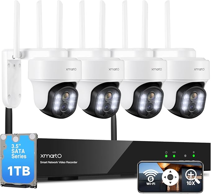 XMARTO 10X Zoom WiFi6 Security Camera System Wireless Outdoor/Indoor, 10CH 4K NVR with 4X 2K HD Dual Lens Cameras with Auto Tracking, 1TB HDD (Plug-in 24/7 Surveillance, Long Range WiFi)