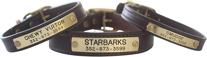 Custom Leather Dog Collars, Leather and Brass Dog Collar, 5/8, 3/4 and 1 Width Leather Dog Collars, Included Custom Engraved Personalized Name Plate (1 Inch Width)