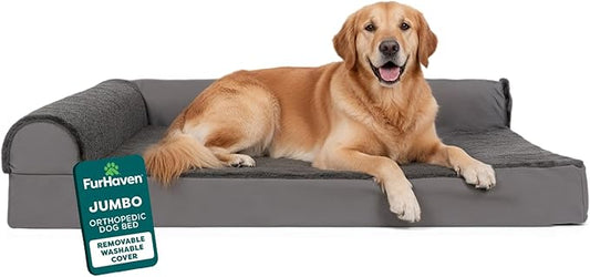 FurHaven Orthopedic Dog Bed for X-Large Dogs, L-Shaped Chaise Mattress with Egg Crate Orthopedic Memory Foam for Joint Support, Removable Washable Cover, Jumbo/XL, Plush & Velvet, Platinum Gray