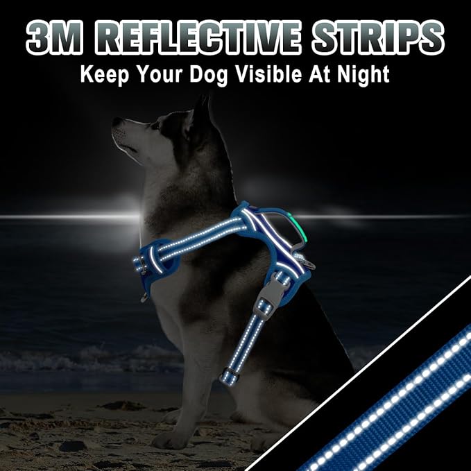 BARKBAY No Pull Dog Harness Large Reflective Dog Harness with Front Clip and Easy Control Handle for Walking Training Running with ID tag Pocket(Sapphire Blue & Blue,XL)