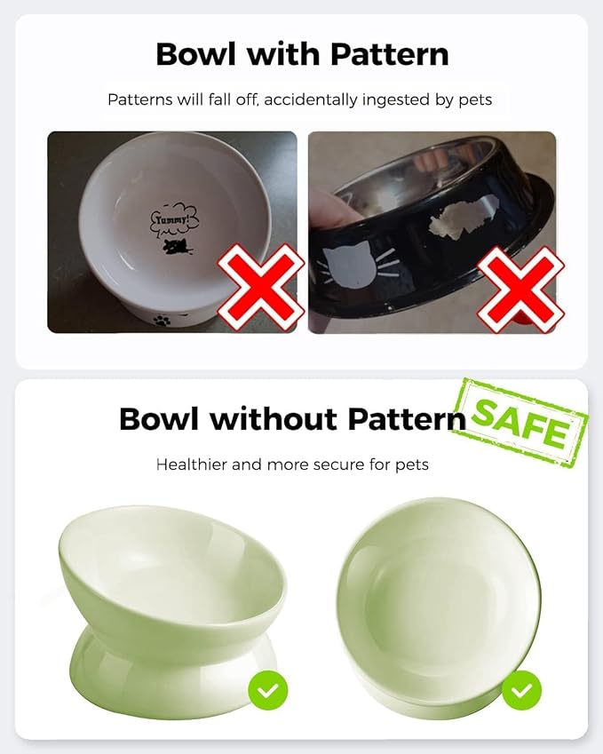 LoeJan Elevated Cat Food Bowl, 5 Oz Ceramic Raised and Tilted Water Bowl, Anti Vomiting and Protect Pets' Spines Dishes for Small Dog, Fat Faced Cat, Kitten (Green, 2 Pack)