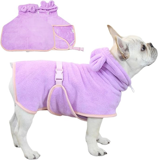 Pet Bathrobe for Dog Cat Absorbently Quick Drying Coat Cute Dogs Bath Towel Hooded Robe Adjustable Collar & Belly Strap for Pool Beach (Purple, X-Large)