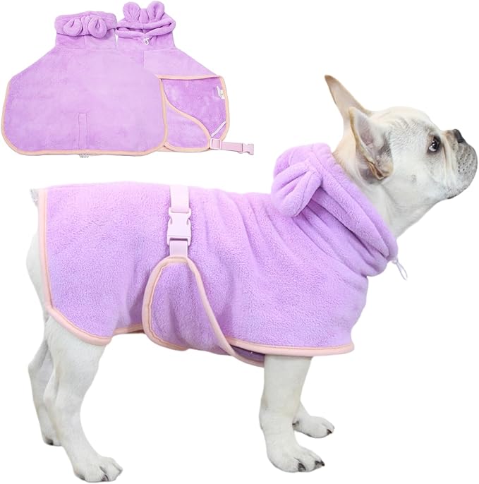 Pet Bathrobe for Dog Cat Absorbently Quick Drying Coat Cute Dogs Bath Towel Hooded Robe Adjustable Collar & Belly Strap for Pool Beach (Purple, Small)