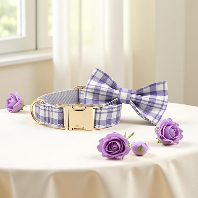 PETDURO Personalized Dog Collar Lavender Plaid for Large Medium Dogs | Engraved Name and Phone Number on Gold Metal Buckle for Girls | Add Leash & Bow Tie via Customize Now
