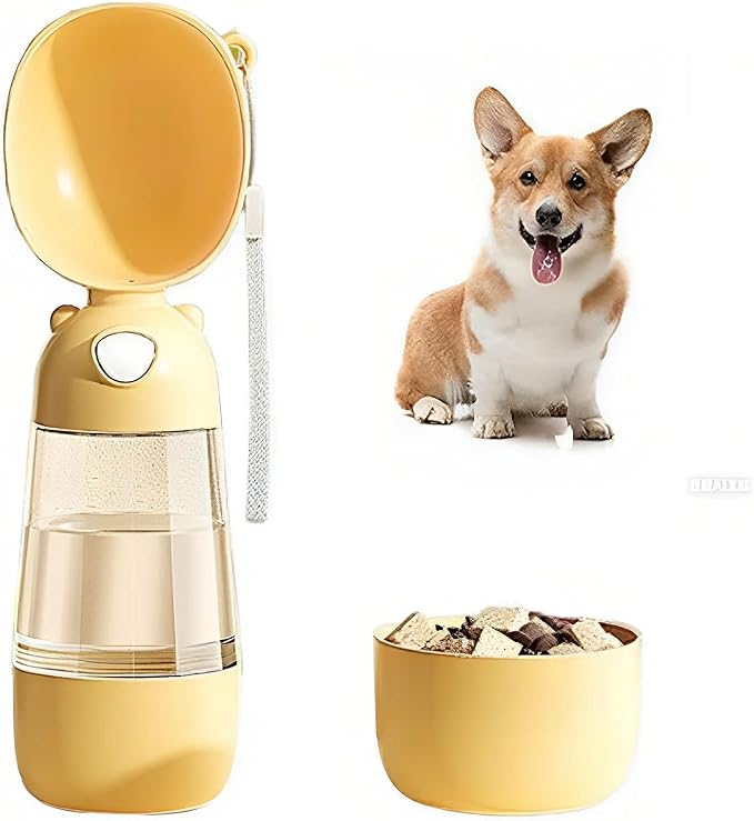 2 in 1 Dog Water Bottle with Food Container, Portable Dogs Water Dispenser, Outdoor Drink Bottles for Puppy, Cat, Pet, Essential Items for Travel, Walking, Hiking, Pet Accessories (Yellow)