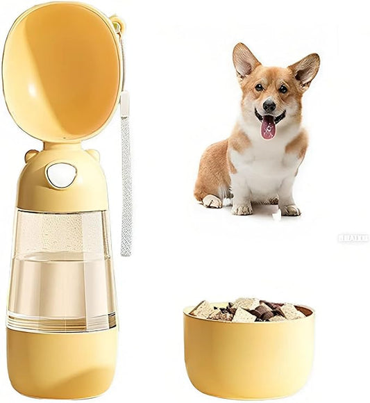 2 in 1 Dog Water Bottle with Food Container, Portable Dogs Water Dispenser, Outdoor Drink Bottles for Puppy, Cat, Pet, Essential Items for Travel, Walking, Hiking, Pet Accessories (Yellow)