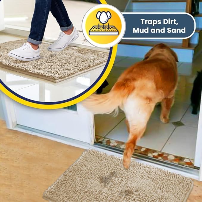 Muddy Mat® Shown on TV – Super Absorbent Microfiber Dog Door Mat for Muddy Paws, Non-Slip Washable Pet Rug, Quick Dry Chenille Entryway Carpet, Machine Washable Indoor Outdoor mat, Beige 28"x18"