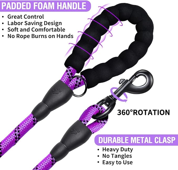 COOYOO Dog Leash 6 FT Heavy Duty - Comfortable Padded Handle - 1/2 inch Reflective Dog Leash for Medium Large Dogs with Poo Bag Dispenser