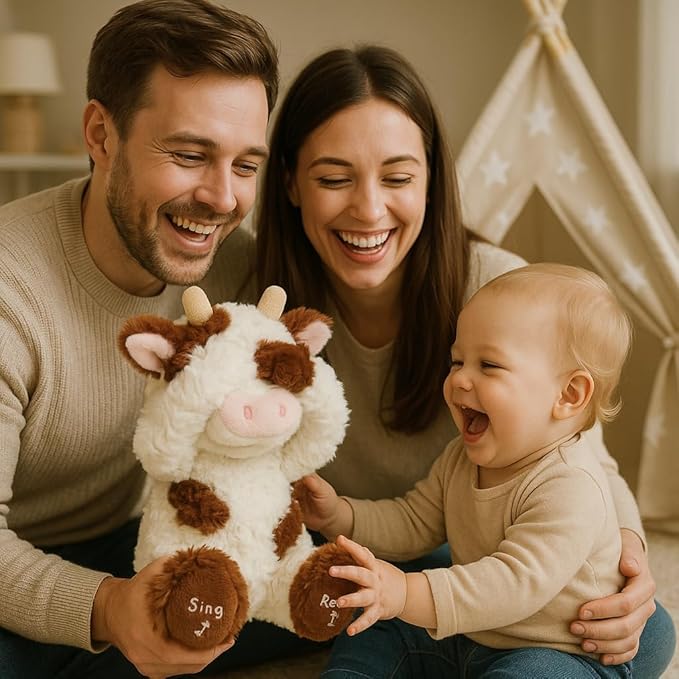 Hopearl Peek A Boo Cow Interactive Repeats What You Say Plush Diary Cattle Toy Musical Singing Talking Stuffed Animal Adorable Electric Animate Gift for Toddlers, Brown, 11''