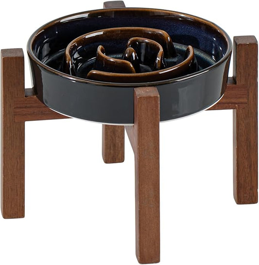 Ceramic 1.2 Cup Raised Slow Feeder Dog Bowl Set, Elevated Acacia Wood Stand for Medium and Small Dog, 7.3inch Slow Dish, Stop Bloat(Single Bowl+ Stand, Starry Sky)