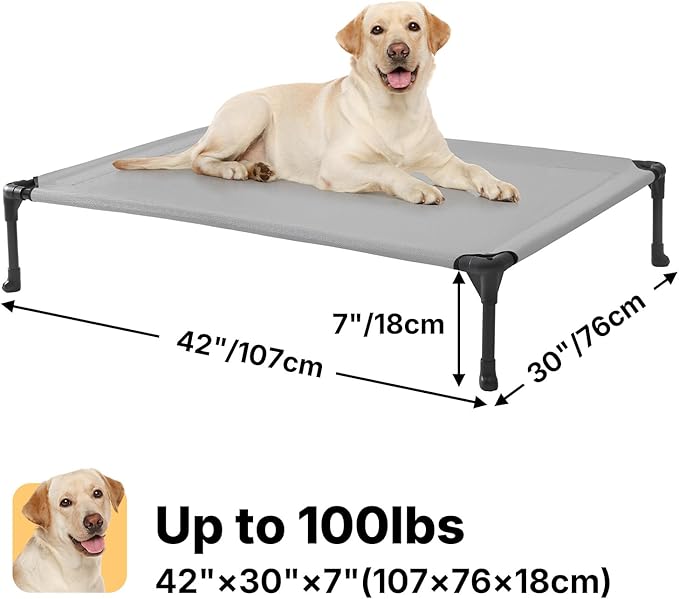Veehoo Outdoor Elevated Dog Bed Large Sized Dogs, Large Cooling Raised Dog Cots Beds Training Platform Off Ground Hammock with Breathable Mesh, No-Slip Feet, 42"x30", Grey