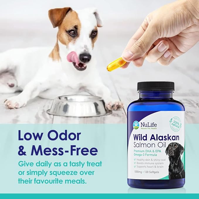 Pure Wild Alaskan Salmon Oil for Dogs, Omega 3 Fish Oil Supplement for Healthy Skin & Shiny Coat, Prevents Itchy Skin, Skin Allergies & Shedding, 120 Soft Capsules