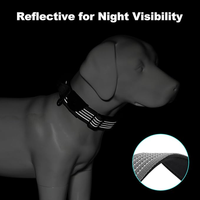 Plutus Pet Tactical Dog Collar with Tracker Packet for AirTag, Adjustable Reflective Nylon Collar, Metal Buckle, Leather-Wrapped Handle, Soft Padded for Medium Large Dogs (Gray, S)