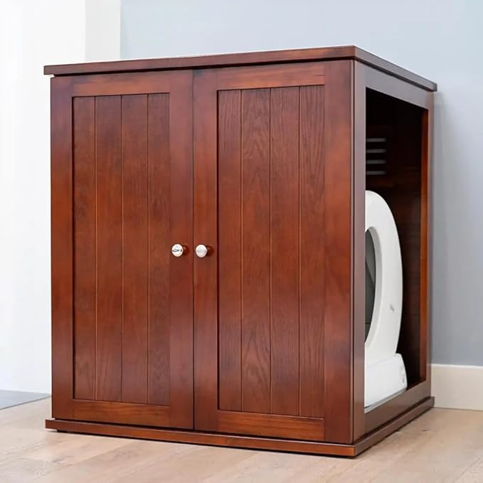 THE REFINED FELINE Refined Self-Cleaning Litter Box Cabinet, Wooden Cat Litter Box Enclosure for Automatic Litter Boxes, Mahogany, Cottage.