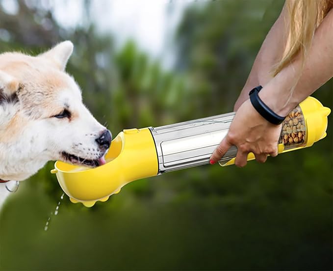 16.9oz Portable Pet Water Bottle Food Container,Travel Drink Feeder Cup Food Dispenser with Poop Shovel 17Pcs Waste Bag,for Dog Pets Walking Hiking (Yellow, 16.9oz(500ml))