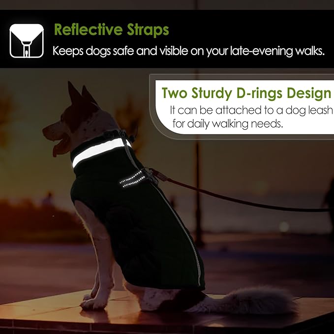AOFITEE Dog Coat, Warm Dog Winter Coat, Reflective Turtleneck Large Dogs Jacket with Harness Built in, Turtleneck Pet Winter Jacket, Waterproof Pet Snow Jackets Fleece Vest, Green XL