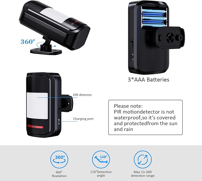 Wireless Motion Sensor Alarm Indoor, 1 PIR Detector + 1 Receiver, Movement Activated Doorbell Chime for Home Doorway/Business Entry/Garage Security/Store Entrance, Pet/Elderly/Dementia Monitor (Black)