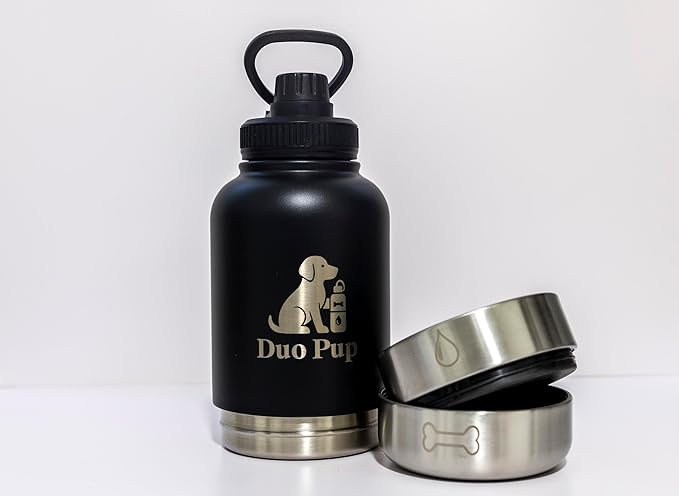 DuoPup 32oz Insulated Stainless Steel Pet Water & Food Bottle – Portable Leak-Resistant Dispenser with Two Detachable Bowls & Carrying Strap – Travel, Hiking & Outdoor Pet Hydration – White