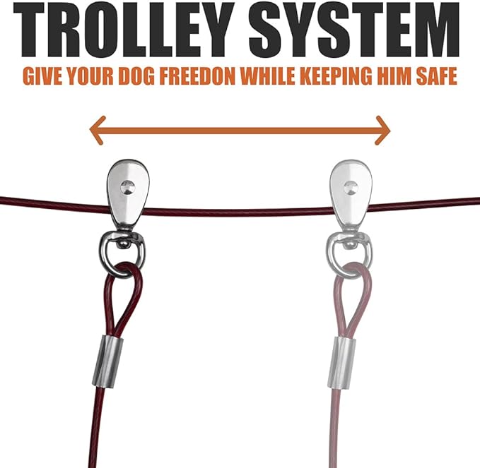 BV Dog Aerial Trolley System Tie Out for Yard - 60ft Dog Run Cable with 10ft Pulley Runner Lead - Heavy Duty Reflective Cable for Dogs up to 125 lbs, Rust-Resistant & Tangle-Free Outdoor Runner