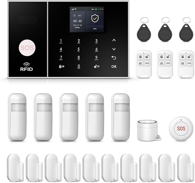 PGST Home Security Alarm System,Wireless DIY Door Sensor Alarm,PIR Motion Detector,Remote,SOS Button,Touch Screen,4G GSM/Tuya App Alert Push,Work with Google,24 Pieces Kit for Villa,Apartment