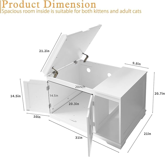 Flip Top Cat Litter Boxes Enclosure Covered Litter Box Hidden Furniture Wooden Cat Washroom Cabinet for Kitty, Medium and Large Cat White