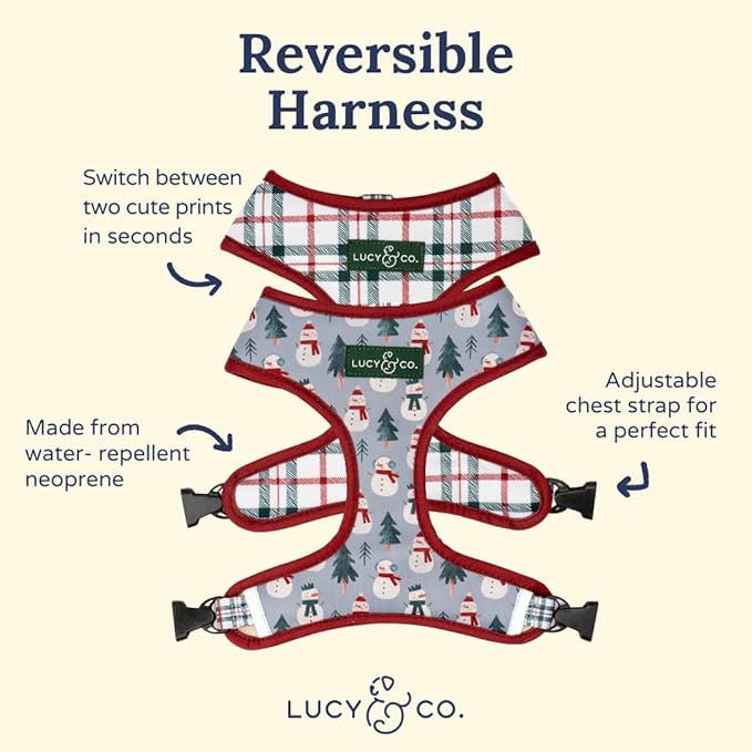 Lucy & Co. Cute Reversible Dog Harness Walking Halter - Best Designer Pet Harnesses for XS - XL Dogs - Padded Adjustable Vest for Easy Walking-X-Small-Gray & White Snowman