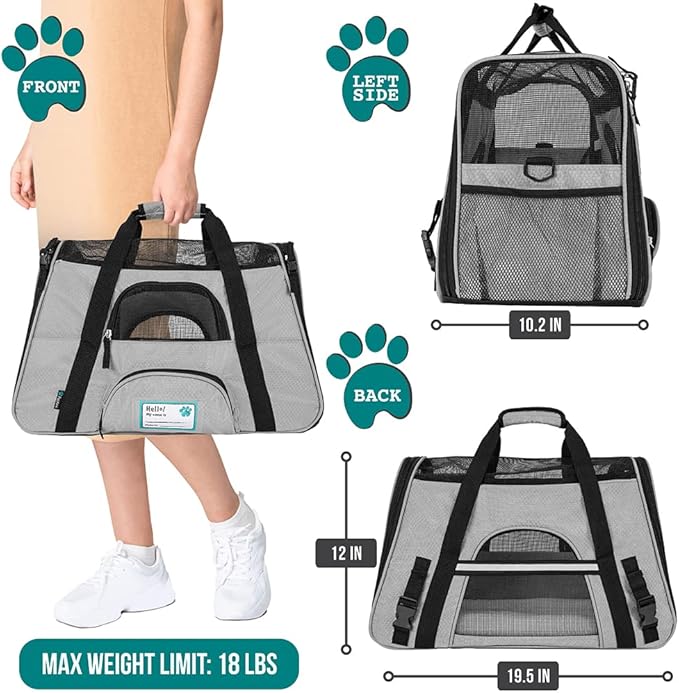 PetAmi Airline Approved Pet Carrier for Cat, Soft Sided Dog Carrier for Small Dogs, Cat Travel Supplies Accessories for Indoor Cats, Ventilated Pet Carrying Bag Medium Large Kitten Puppy, Large Gray