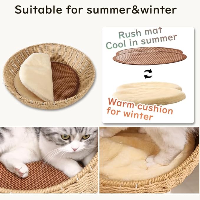 Wood Cat Tree for Large Cat, 57-Inch Tall Cat Tower with Scratching Post for Indoor Cats, Multi-Level Cat Condo with Hand-Woven Cat Bed and Hammock Acrylic Bowl Easy to Clean (DC888)