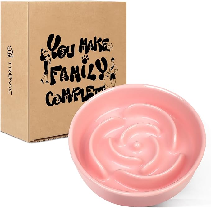 TRUVIC Ceramic Slow Feeder Dog Bowls Small Breed, 0.6 Cup Slow Feeder Cat Bowls for Fast Eaters, Ceramic Dog Food Dish no Black Chin, Puzzle Bowl for Small Dogs and Cats, Pink