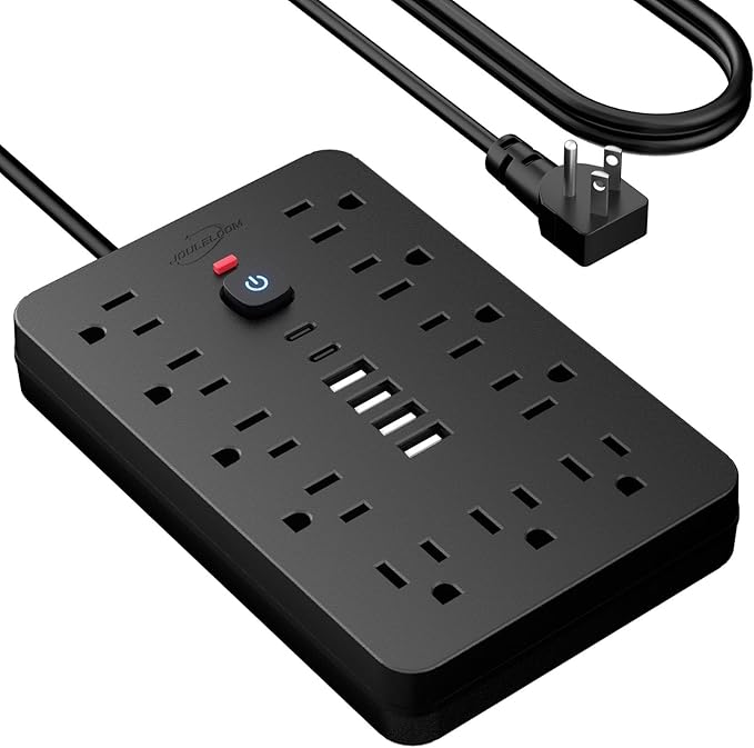 15 FT Flat Plug Surge Protector Power Strip,11 Multiple AC Outlets with 6 USB Ports (2 USB C), 15 Feet Extension Cord, 1250W/10A, One Touch Switch Button, 17 in 1 Compact powerstrip