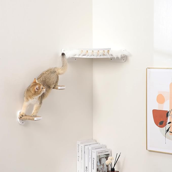 Cat Wall Shelves - 3 Steps Scratch Post & Hammock Bed, Corner Cat Furniture with Plush Covered Climbing Shelf for Indoor Cats (White)