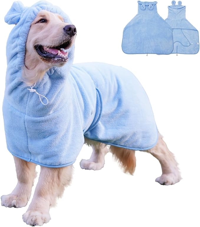 Pet Bathrobe for Dog Cat Absorbently Quick Drying Coat Cute Dogs Bath Towel Hooded Robe Adjustable Collar & Belly Strap for Pool Beach (Blue, Large)