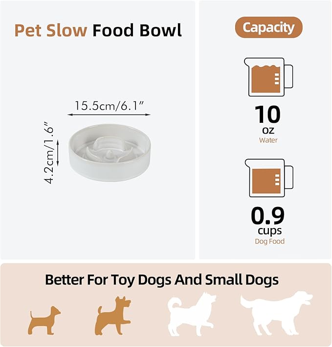 Ceramic 0.9 Cup Dog Bowl Slow Feeder for Small Dog and Cat, 6.1inch Pet Slow Dish, Stop Bloat, Preventing Choking(Single Bowl, Reactived Glaze -White)