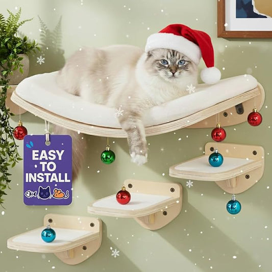 Cat Wall Shelves, Natural Finish – Floating Cat Furniture with Curved Bed & Steps | Modern Minimalist Wood Climbing Shelves Set of 4 for Indoor Cats, Sturdy Wall-Mounted Design