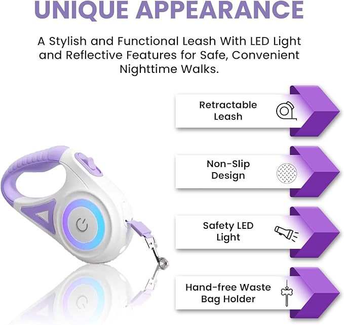Best Dog Supplies Luminous Retractable Dog Leash with Front Safety Led Light - 360°Tangle-Free Training Leash for Ultimum Freedom with Anti Slip Handle Dogs & Cats - Purple 5M/16ft