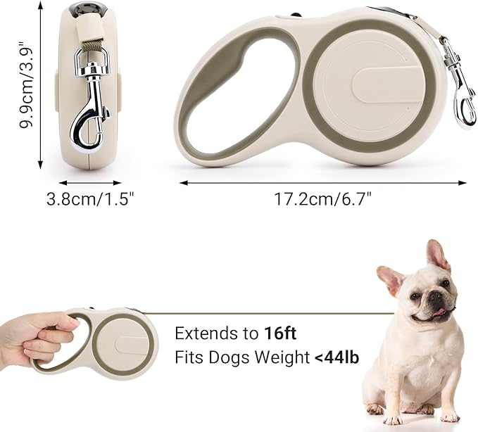 Segarty Retractable Leash Small Dog, 16ft Heavy Duty Walking Dog Leash for Medium Pet up to 44lb, Anti-Slip Handle 360°Tangle-Free Nylon Tape, One-Handed One Button Lock and Release (Khaki)
