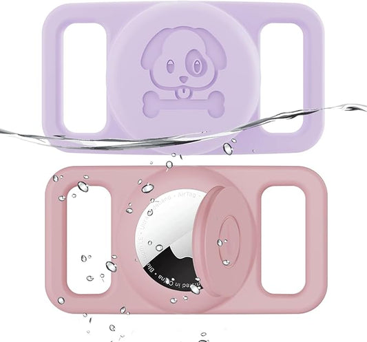 2 Pack Waterproof AirTag Dog Collar Holder Compatible with Apple AirTag, Silicone Hidden Loop Holder for Airtag Tracker, Anti-Lost Dog Collar Air Tag Accessories(Purple,Pink)