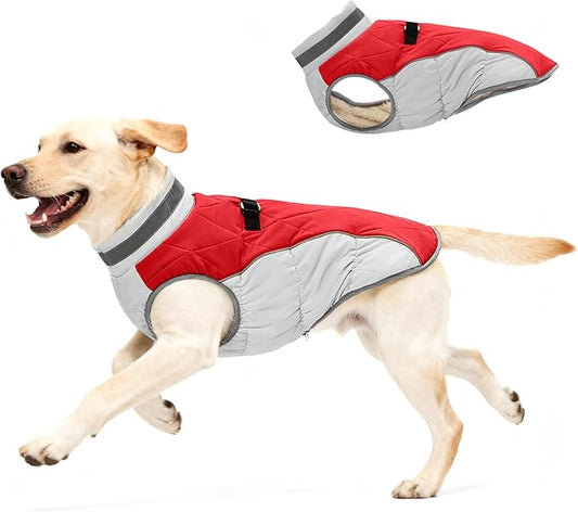 Dog Coat for Large Dogs, Adjustable Dog Jackets for Cold Weather, Reflective Winter Coat with Built-in Harness, Snowsuit Fits Dogs 22-47 lbs and Up, Size L Red