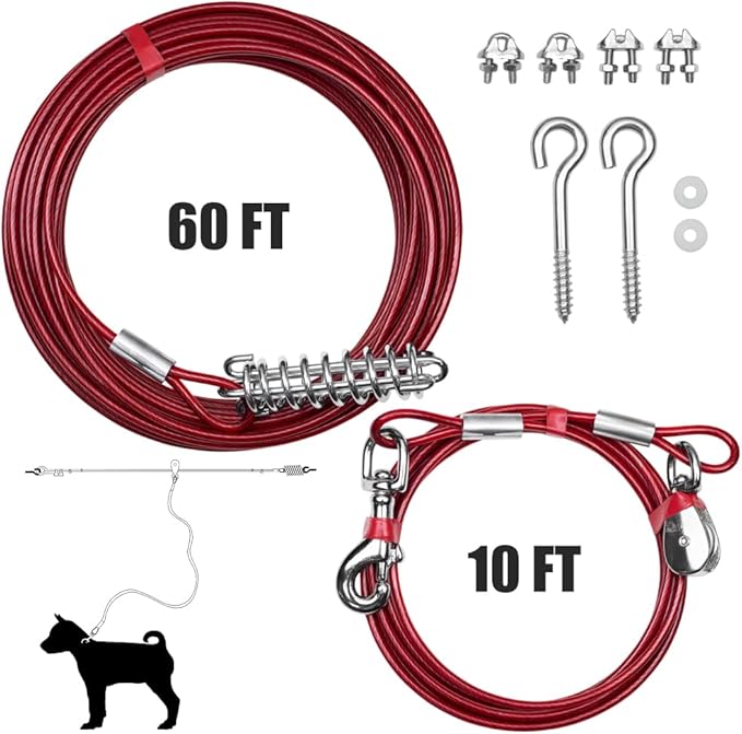BV Dog Aerial Trolley System Tie Out for Yard - 60ft Dog Run Cable with 10ft Pulley Runner Lead - Heavy Duty Reflective Cable for Dogs up to 125 lbs, Rust-Resistant & Tangle-Free Outdoor Runner