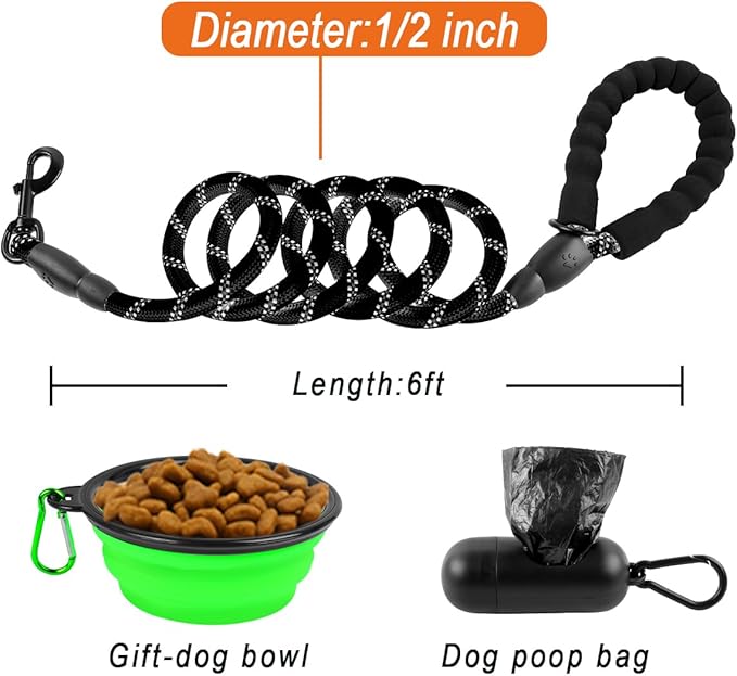 BARKBAY Dog Leashes for Large Dogs Heavy Duty Dog Leash 4/5/6 FT with Comfortable Padded Handle and Highly Reflective Threads for Medium Large Dogs Walking Training Running (6FT-1/2'',Black)