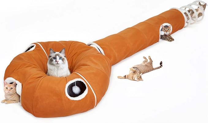Ownpets 2-in-1 Cat Tunnel, Large Lollipop Shape Cat Tunnel Toy with Fluffy Balls, Spiral Toy, Plush Collapsible Cat Cave Hideout Donut Tunnel for Multi Kitten Puppy Rabbit (Orange)