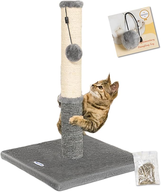 Happi N Pets Cat Scratching Post, Cat Scratcher for Indoor Cats, Sisal Scratching Post & Carpet Post in One, Stable Kitten Scratching Post with Replaceable Toy, Extra Free Toy, Light Gray