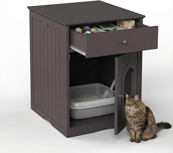 Cat Litter Box Enclosure Furniture with Drawer - Wooden Hidden Litter Box Cabinet, Indoor Pet Crate & Cat House Nightstand, Side Table for Living Room, 18.9" W x 20.9" D (Brown + Solid Wood)